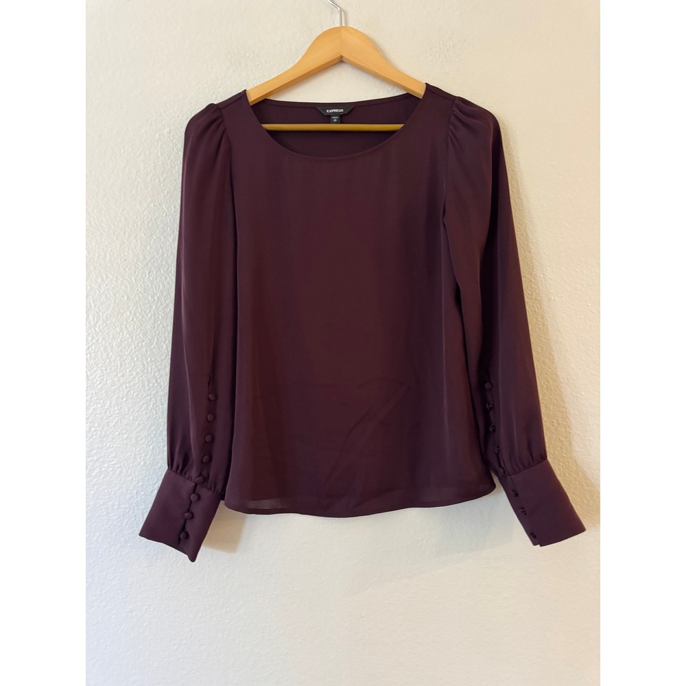 Express Blouse‎ Puff Shoulder Button Cuff XS Burgundy Maroon Wine Excellent